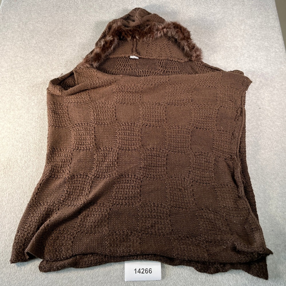 Rabbit Fur Poncho Sweater Womens 3XL Brown Textured Knit Hooded Winter Preppy